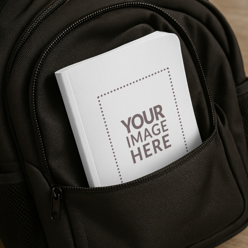Paperback Book Cover Mockup Behind Backpack for Students preview image