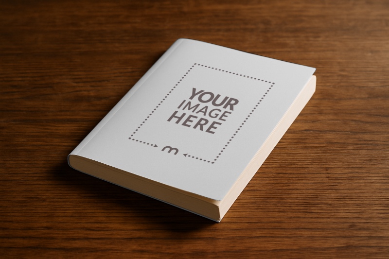 Paperback Book Cover Mockup Standing on Wooden Table preview image