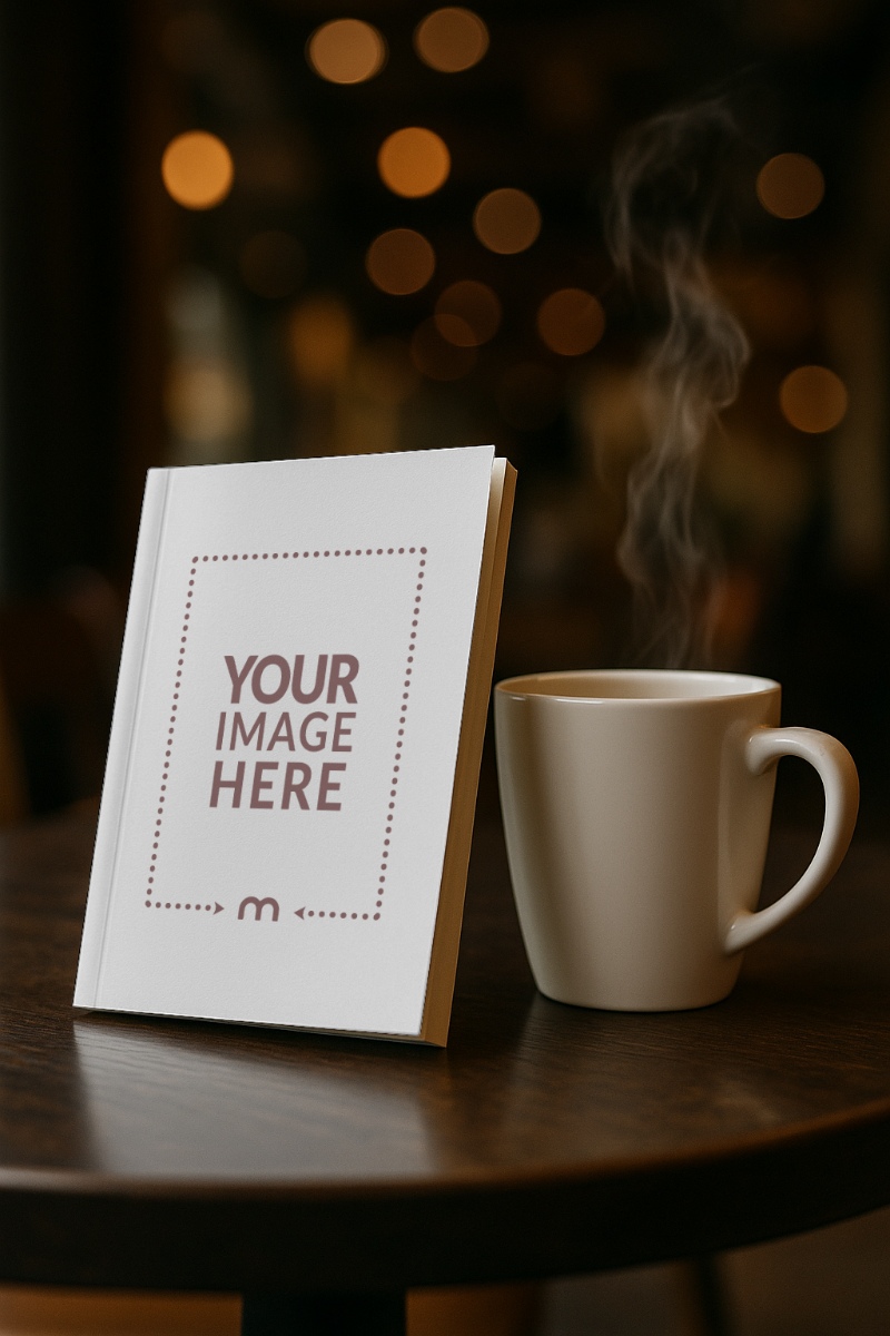 Paperback Book Mockup Leaned on Coffee Cup in Café preview image