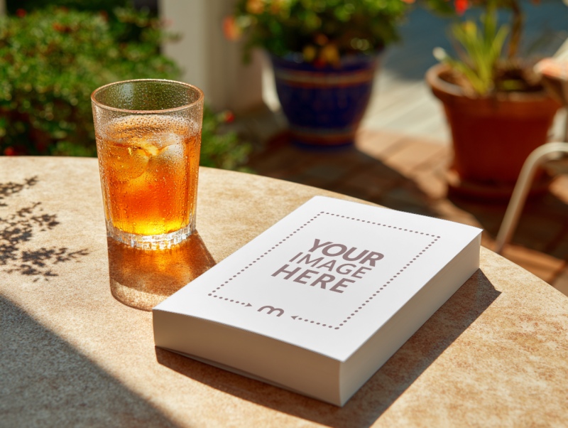 Standing Paperback Book Mockup on Outdoor Garden Table preview image