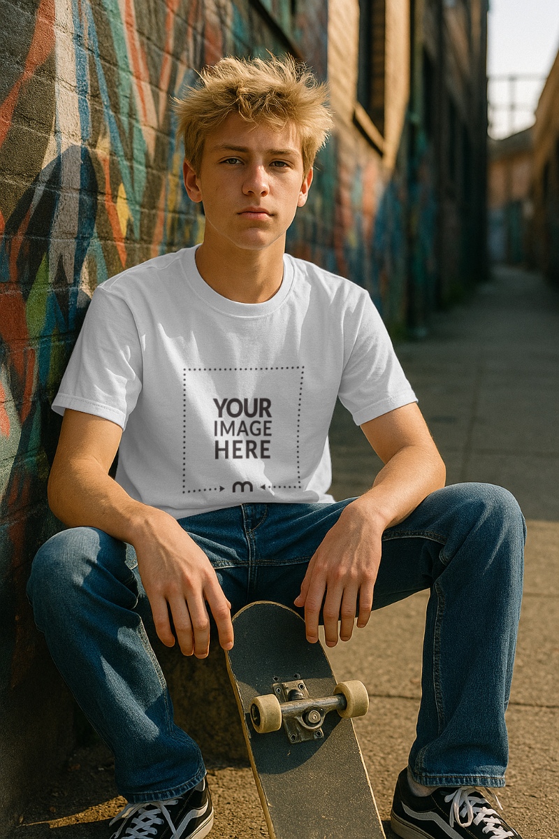 T-Shirt Mockup on Teen Skateboarder for Streetwear Branding preview image