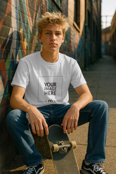 T-Shirt Mockup on Teen Skateboarder for Streetwear Branding
