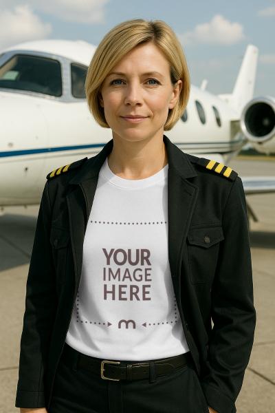 T-Shirt Mockup on Female Pilot for Aviation Apparels