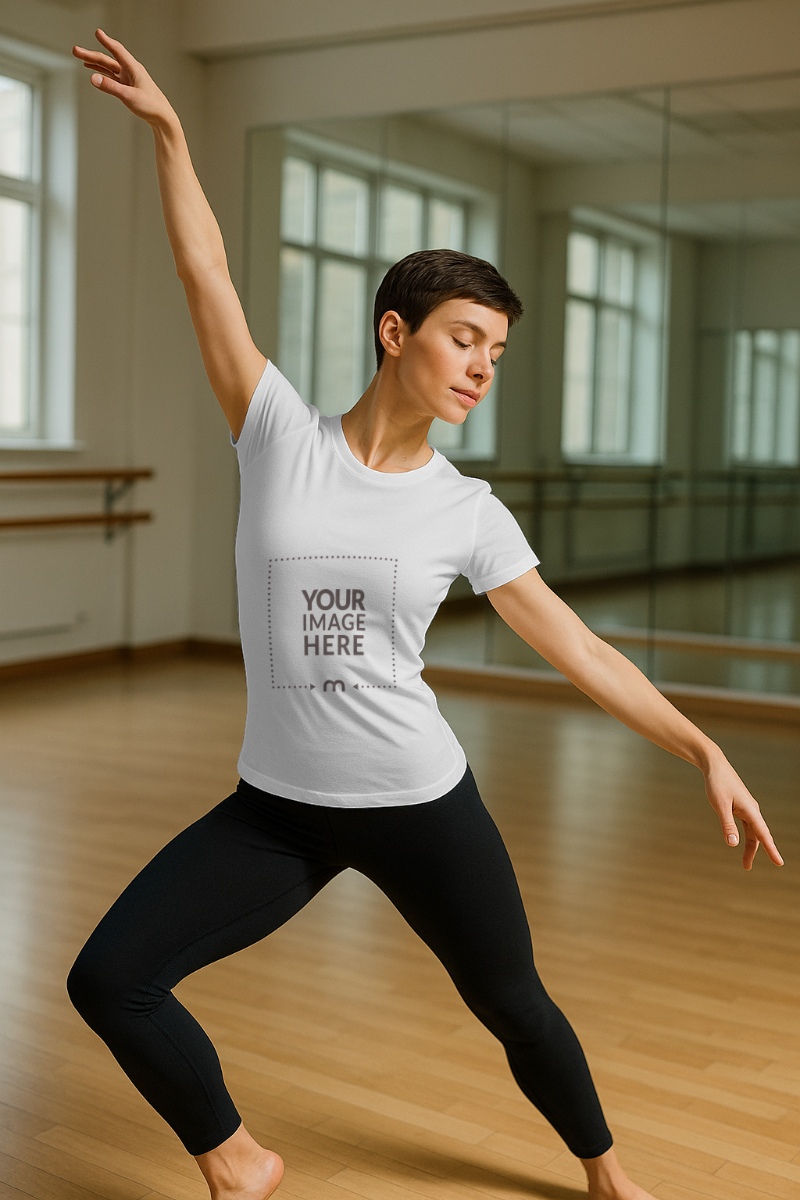 T-Shirt Mockup on Dancing Woman in Studio preview image