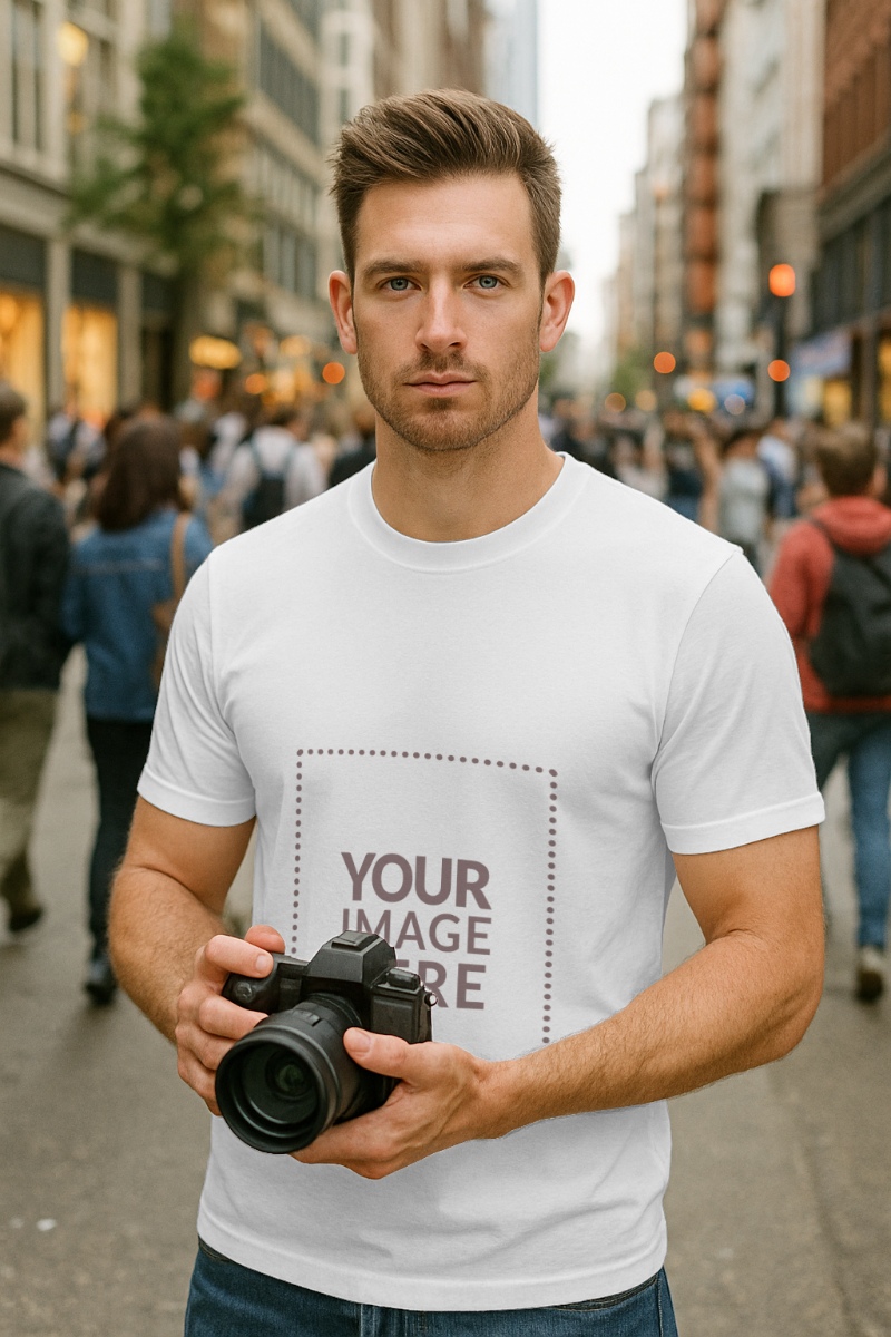 T-Shirt Mockup on Man with Camera Street Scene preview image