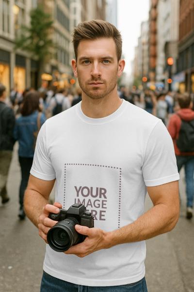 T-Shirt Mockup on Man with Camera Street Scene