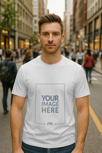 T-Shirt Mockup on Man Standing on Street for Casual Wear
