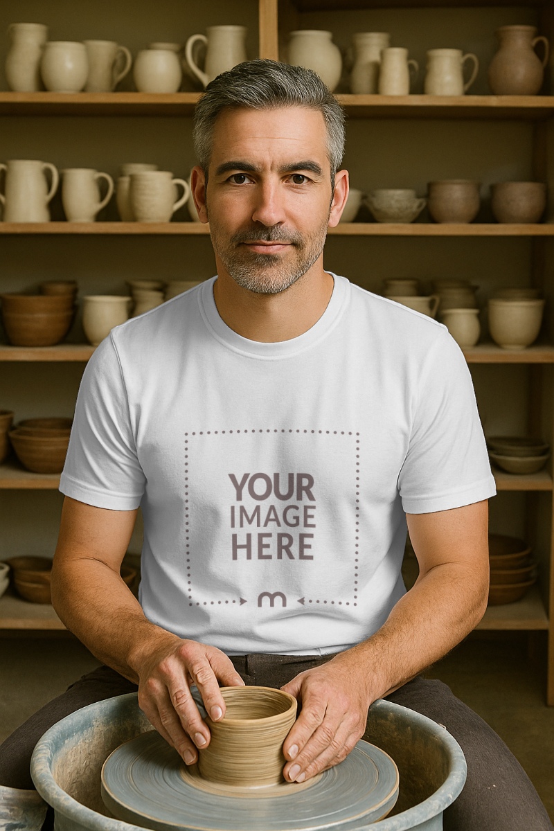 T-Shirt Mockup on Potter for Artistic Workshop Merchandise preview image