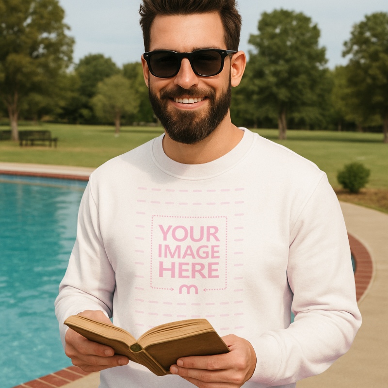 Sweatshirt Mockup on Man Posing by Poolside preview image