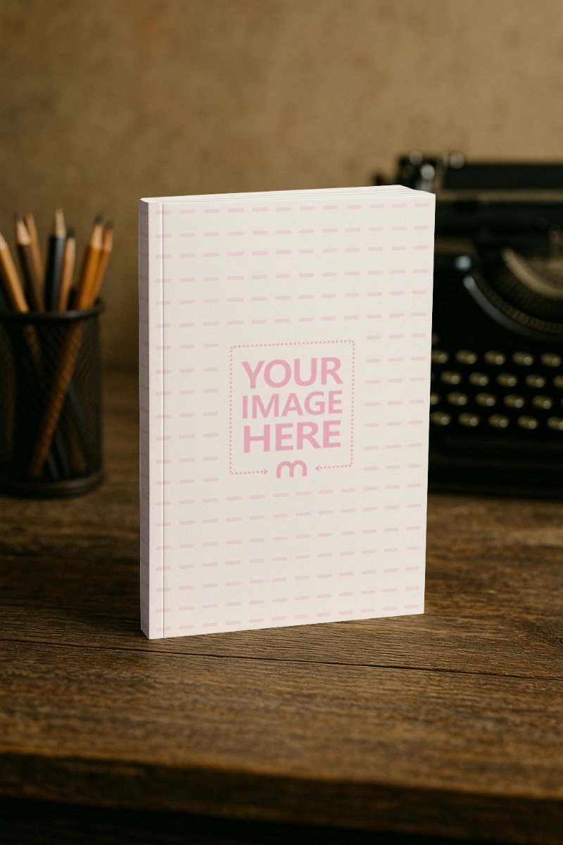 Paperback Book Cover Mockup on Wooden Table Retro Themed preview image
