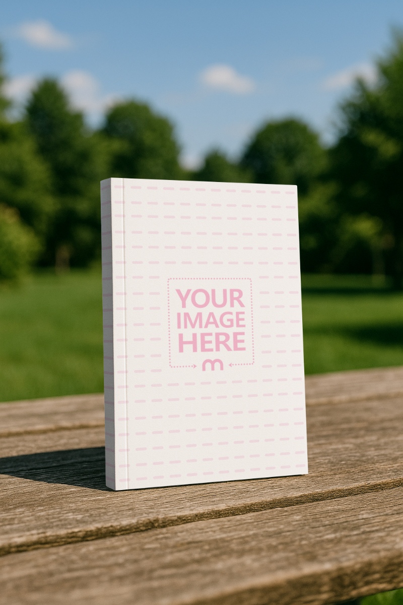 Paperback Book Cover Mockup on Wooden Bench Outdoor preview image