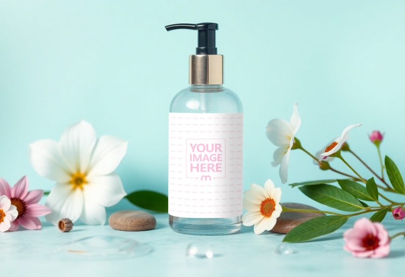 Cosmetic Bottle Label Mockup with Flowers in Background preview image