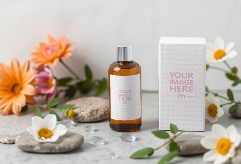 Bottle Label and Box Mockup with Flowers for Skincare Products preview image