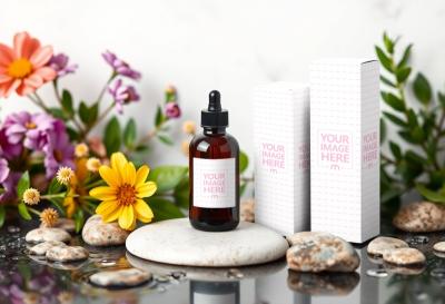 Amber Bottle with Two Boxes Mockup for Skincare Products