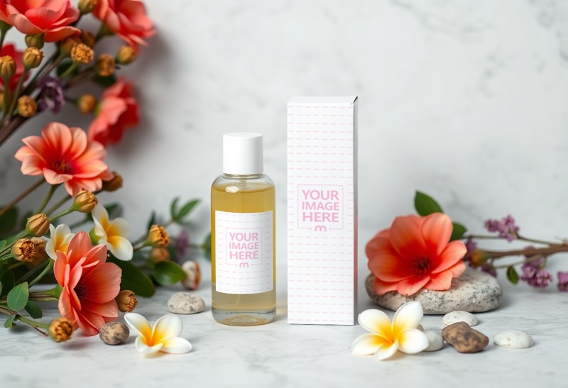 Cosmetics Bottle and Box Mockup with Floral Scene preview image
