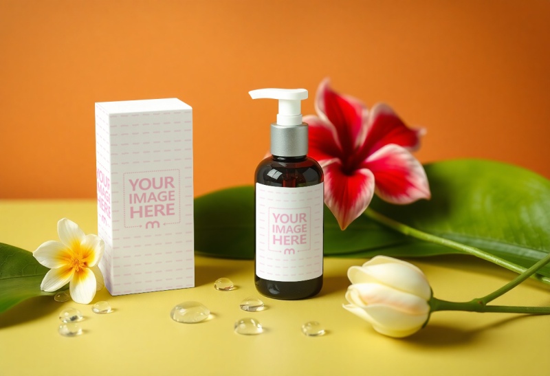 Pump Bottle and Box Label Mockup for Luxury Cosmetics preview image