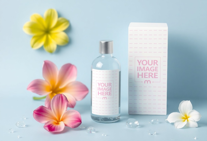Bottle Label and Box Mockup with Flowers on Blue Background preview image
