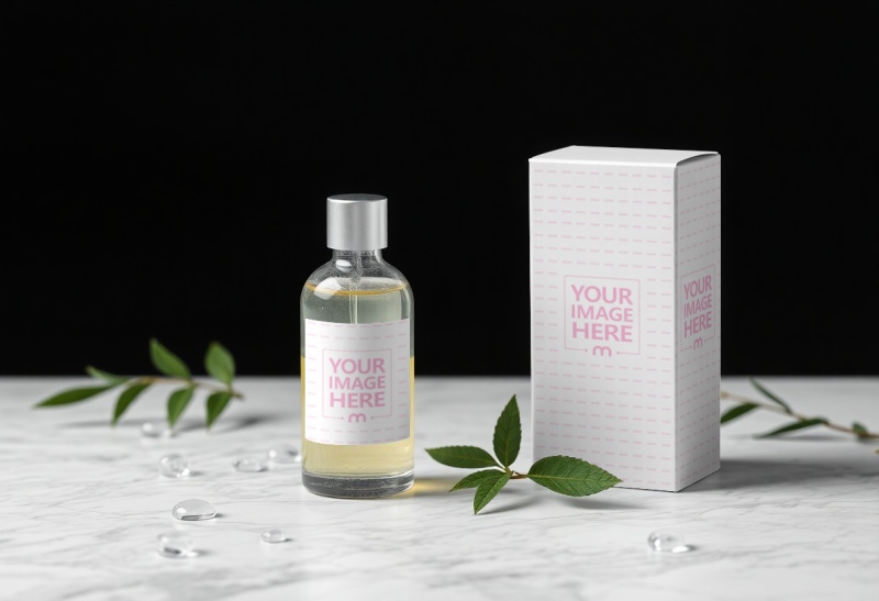 Bottle Label and Box Mockup with Leaves on Dark Background preview image