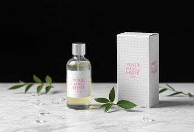 Bottle Label and Box Mockup with Leaves on Dark Background