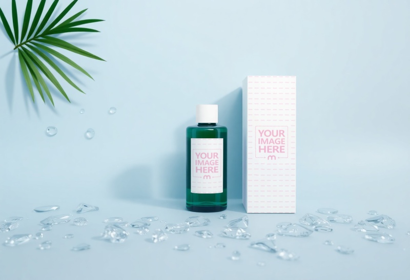 Bottle Label and Box Mockup Ice and Leaves at Background preview image