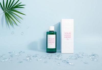 Bottle Label and Box Mockup Ice and Leaves at Background