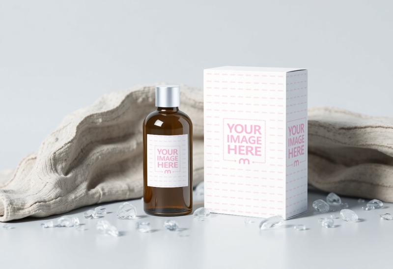 Bottle Label and Box Mockup with Ice and Fabrics preview image