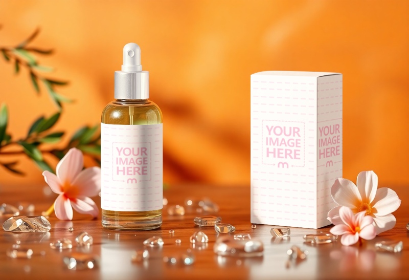 Perfume Bottle and Box Label Mockup with Orange Flowers preview image