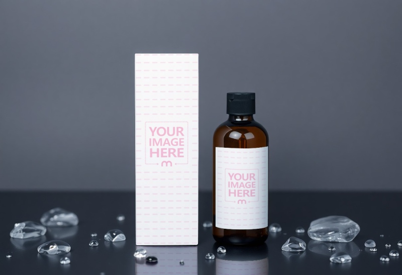 Amber Bottle and Box Label Mockup with Crystals on Dark Background preview image