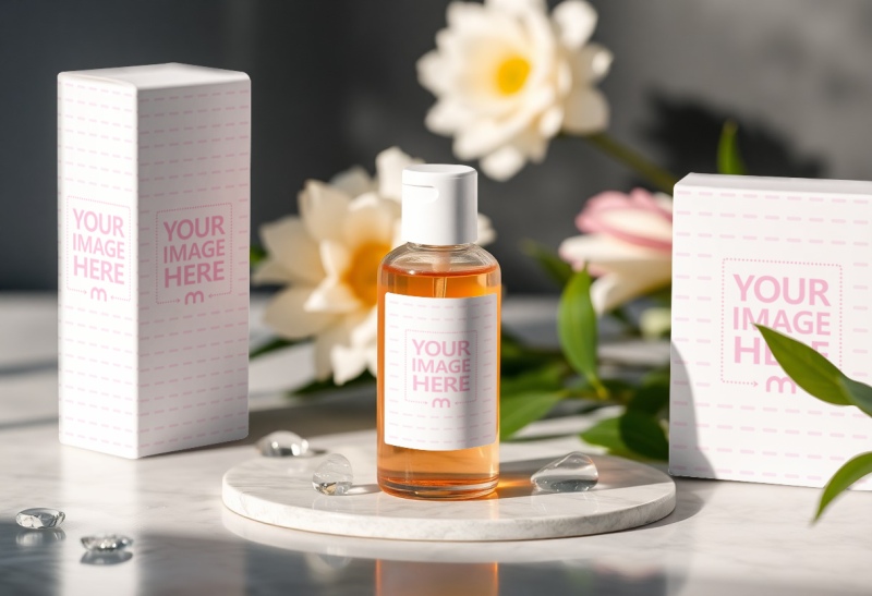 Bottle Label and Two Boxes Mockup with Flowers and Leaves preview image