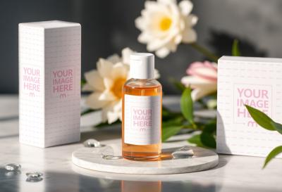 Bottle Label and Two Boxes Mockup with Flowers and Leaves