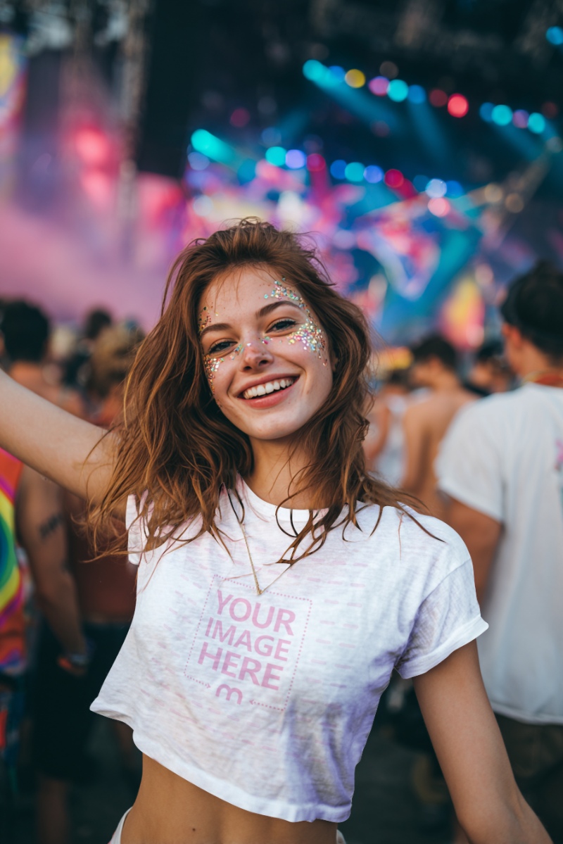 T-Shirt Mockup on Dancing Woman at Rave Party preview image