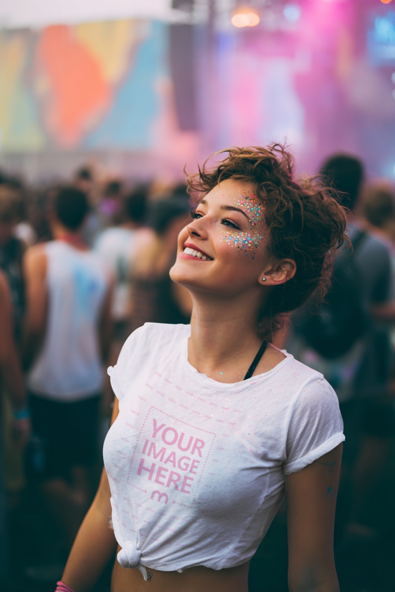PSD T-Shirt Mockup on Woman at Celebration Party with Crowds preview image