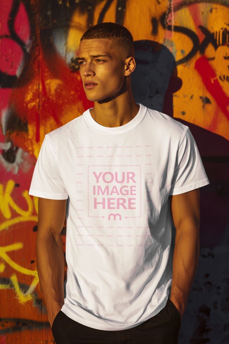 T-Shirt Mockup on Man Leaning Against Graffiti Wall preview image
