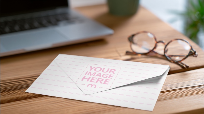 Mail Envelope Mockup on Wooden Table for Stationery Branding preview image