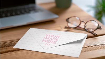 Mail Envelope Mockup on Wooden Table for Stationery Branding
