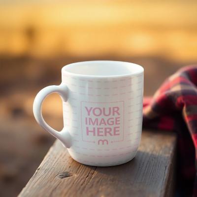 Ceramic Mug Mockup on Wooden Stand with Golden Light