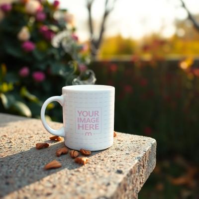 Ceramic Mug Mockup Generator on Brick Stand with Flowers