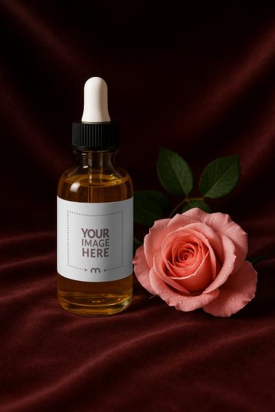 Amber Bottle Label Mockup with Rose Petals for Skincare