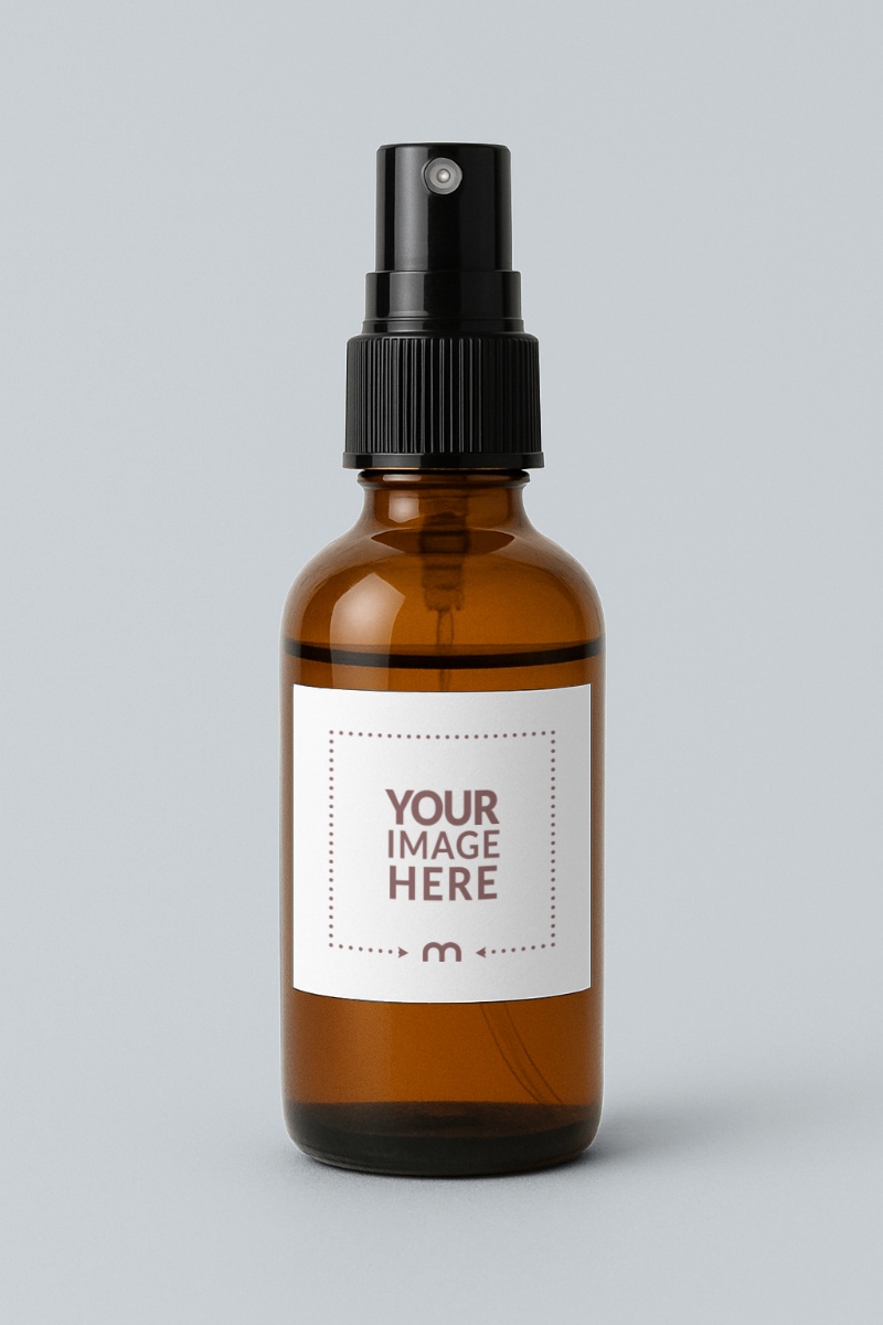 Amber Bottle Label Mockup with Spray Nozzle for Cosmetic Use preview image