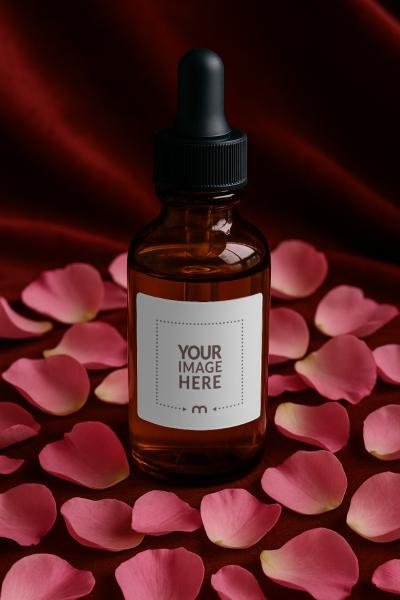 Amber Dropper Bottle Mockup on Rose Background for Beauty Products