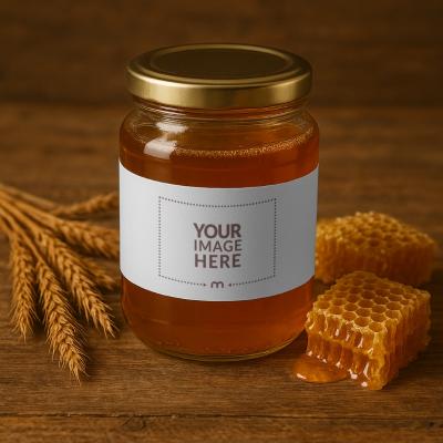 Honey Jar Label Mockup on Wooden Background for Artisan Packaging