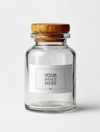 Glass Bottle Label Mockup with Wooden Cork for Organic Products
