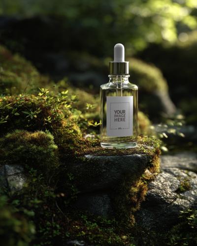 Perfume Dropper Bottle Label Mockup in Natural Setting