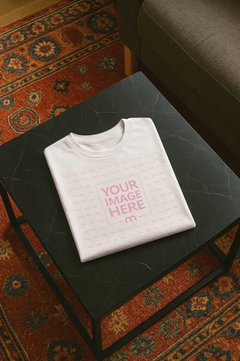 Folded Shirt Mockup on Black Marble Table for Apparel Stores preview image