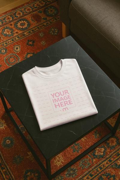 Folded Shirt Mockup on Black Marble Table for Apparel Stores