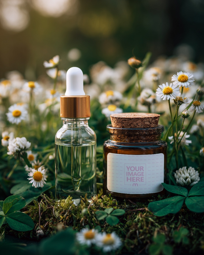 Bottle Label Mockup in Floral Scene for Herbal Packaging preview image