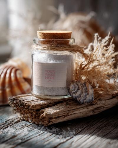 Salt Bottle Mockup on Wooden Trunk for Rustic Culinary Packaging