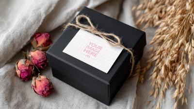 Business Card Mockup on Black Box with Flowers for Boutiques