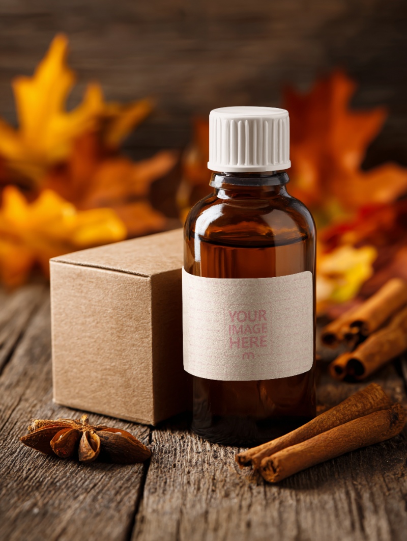 Label Bottle Mockup with Brown Box and Herbs for Medicine Branding preview image