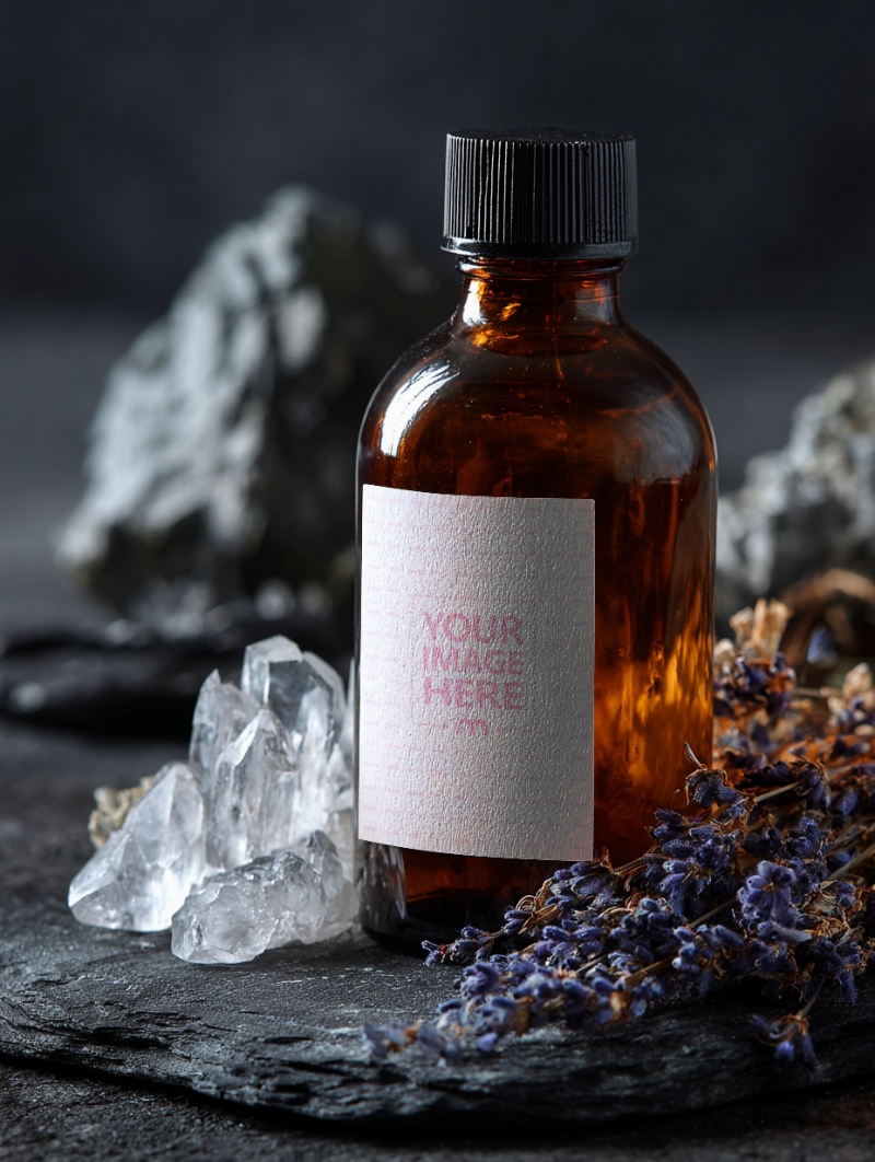 Bottle Label Mockup with Rocks and Flowers for Wellness Product Branding preview image